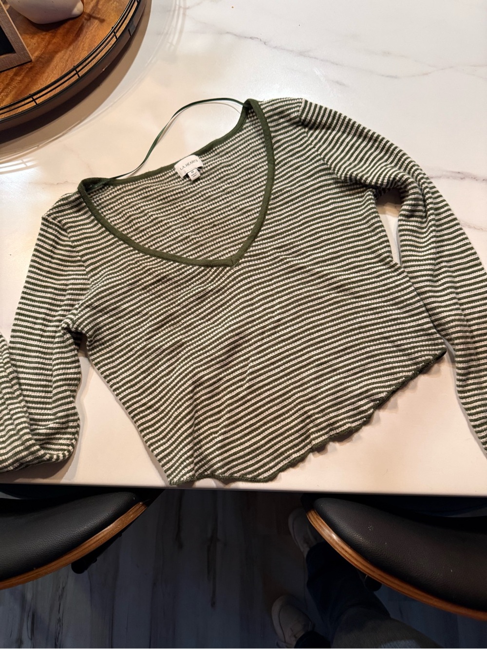 Olive & White Striped V-Neck Long Sleeve Top